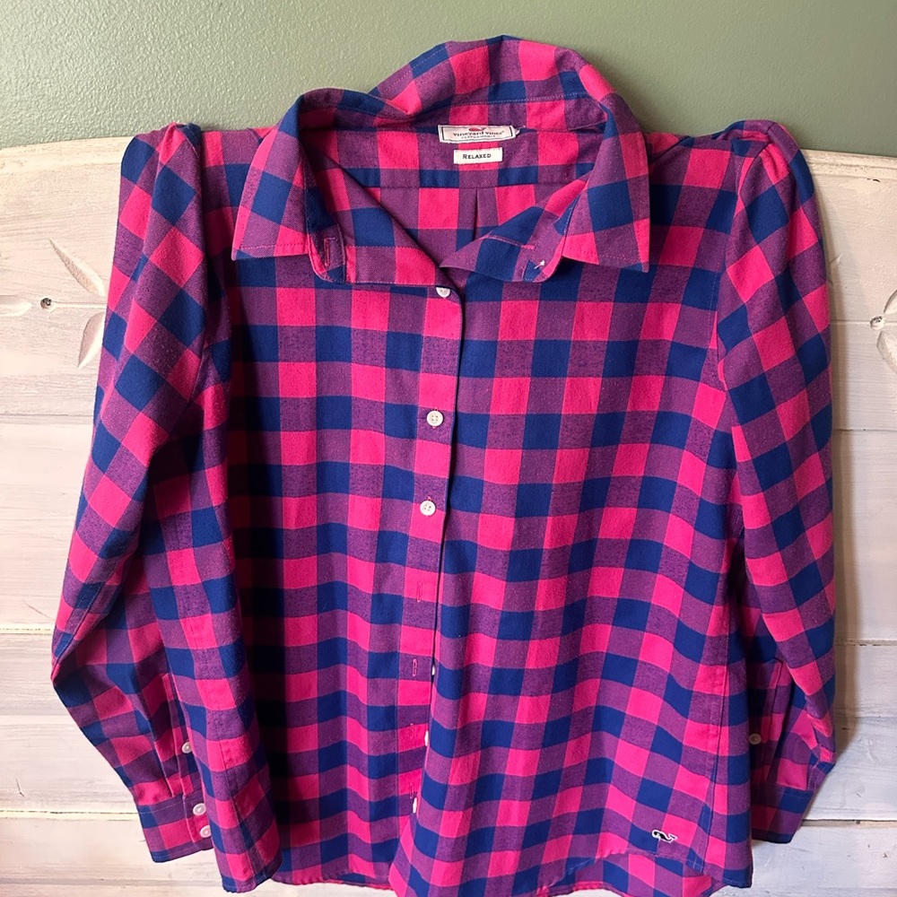 Vineyard Vines Pink and Navy Buffalo Plaid Button-Up Shirt